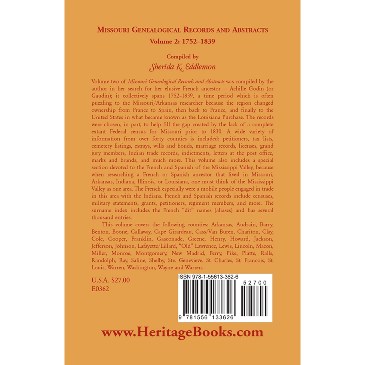 Missouri Genealogical Records and Abstracts, Volume 2: 1752-1839 back cover