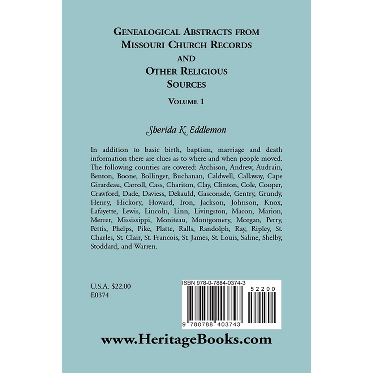 Genealogical Abstracts from Missouri Church Records and Other Religious Sources, Volume 1 back cover