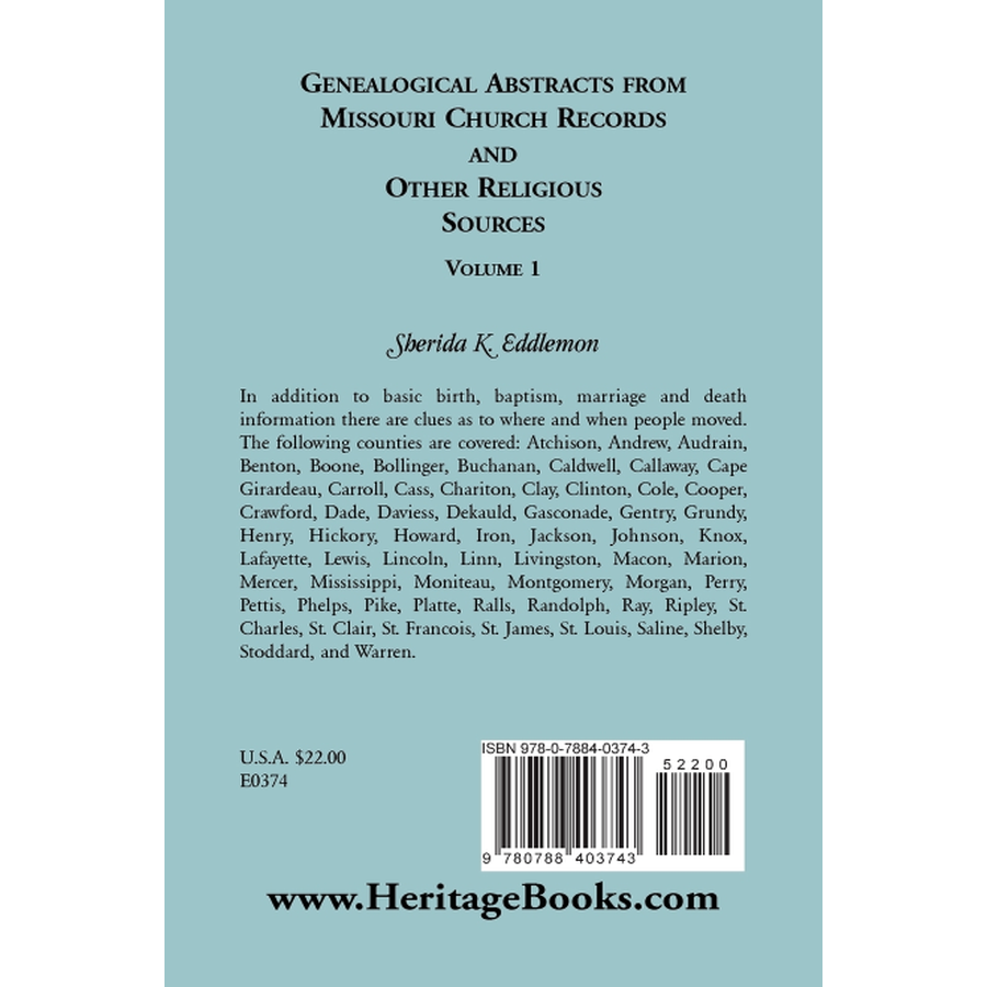 back cover of Genealogical Abstracts from Missouri Church Records and Other Religious Sources, Volume 1