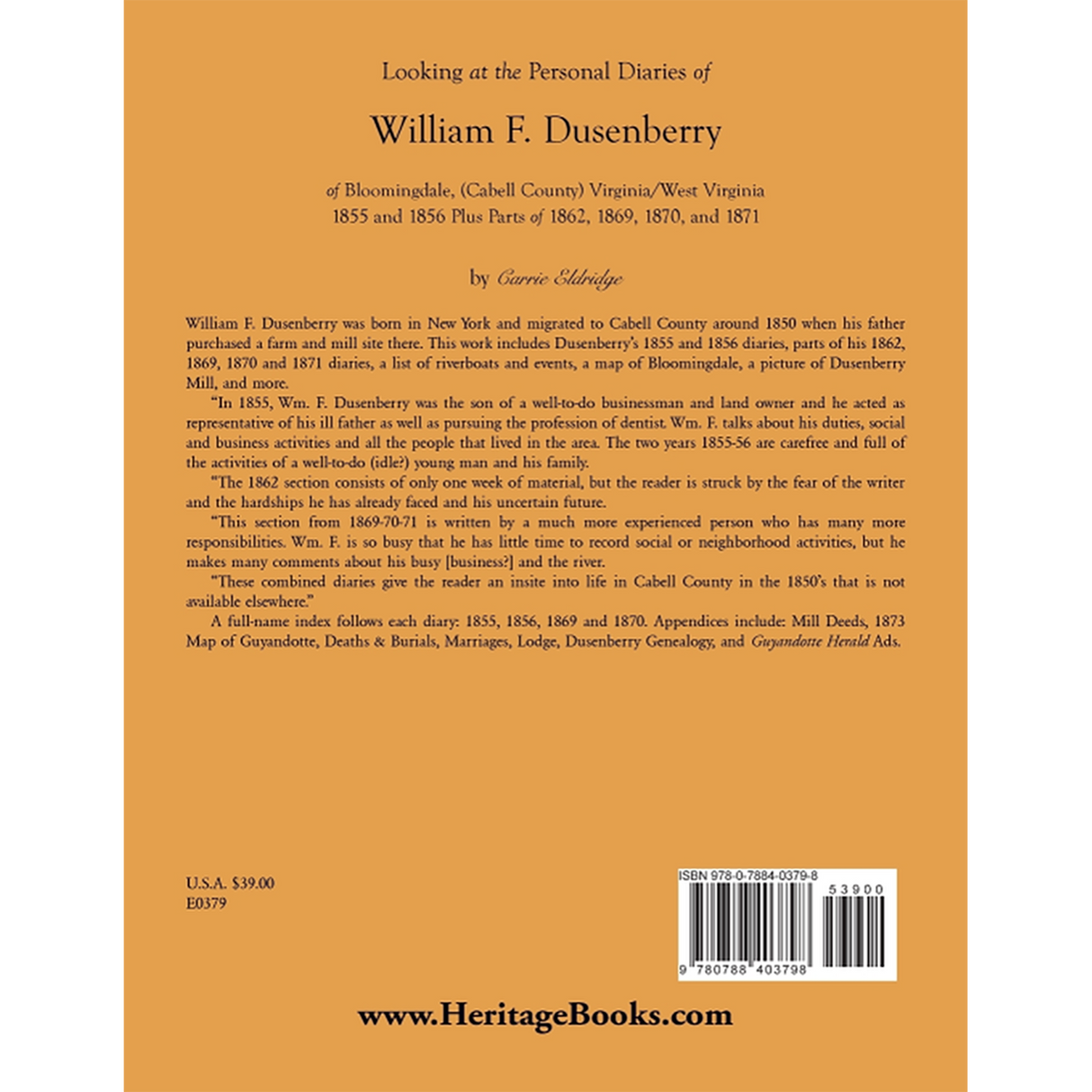 Looking at the Personal Diaries of William F. Dusenberry of Bloomingdale [Cabell County, West Virginia] back cover