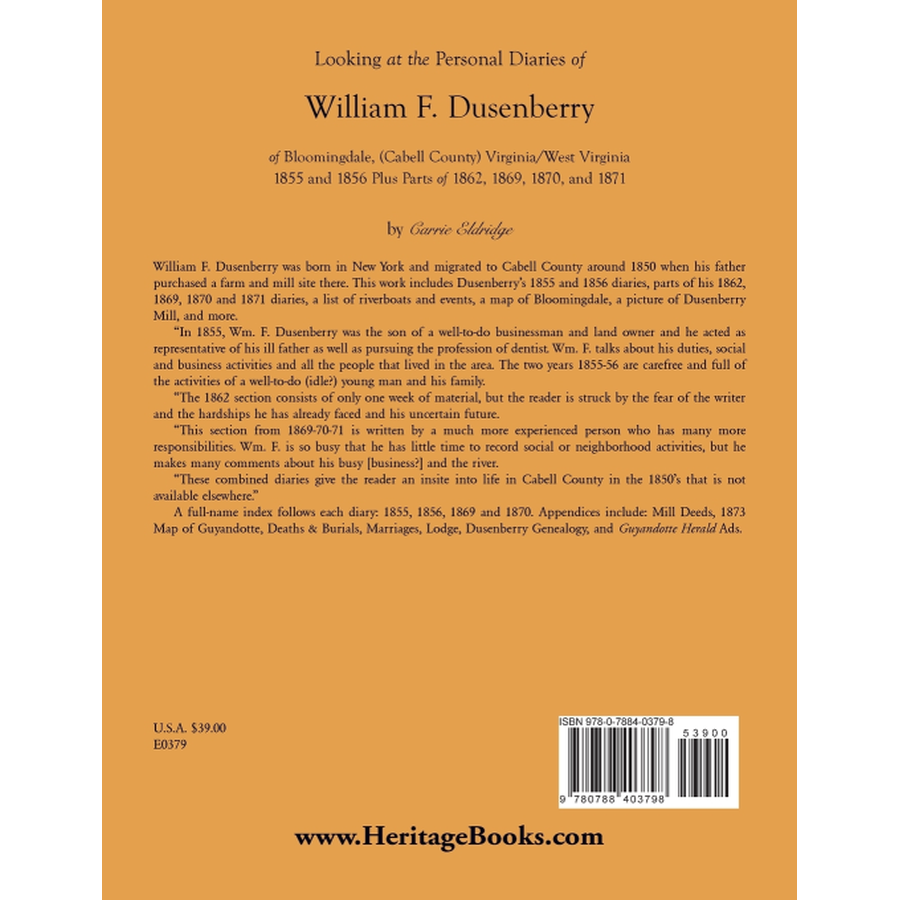 Looking at the Personal Diaries of William F. Dusenberry of Bloomingdale [Cabell County, West Virginia] back cover
