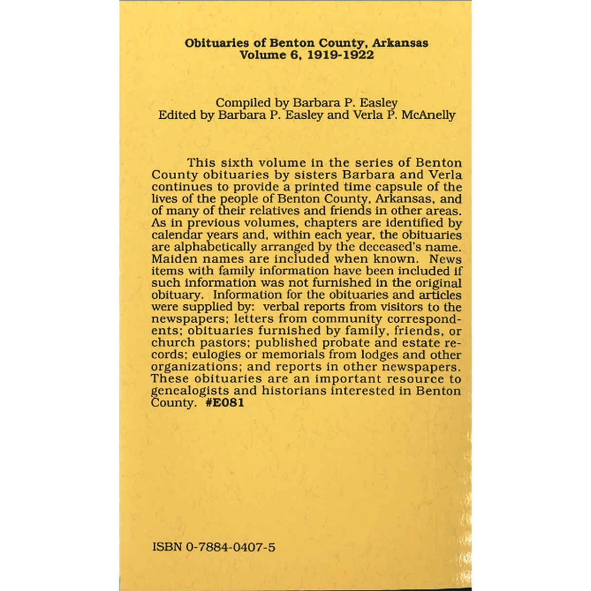 Obituaries of Benton County, Arkansas, Volume 6, 1919-1922 back cover