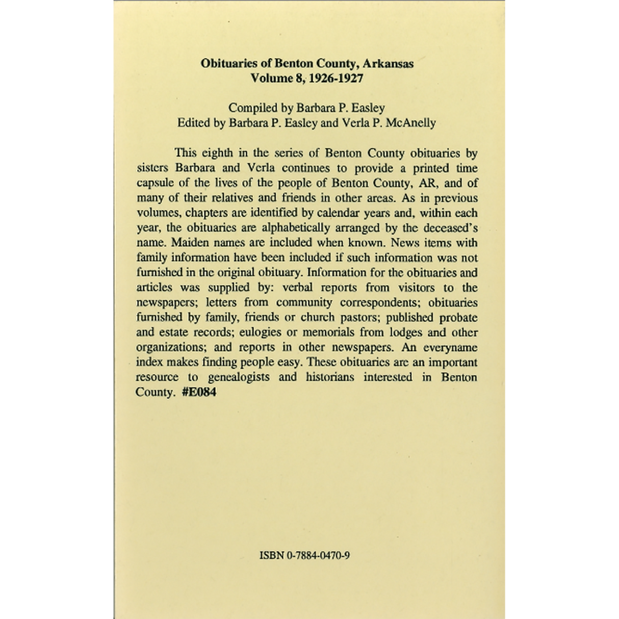 Obituaries of Benton County, Arkansas, Volume 8, 1926-1927 back cover