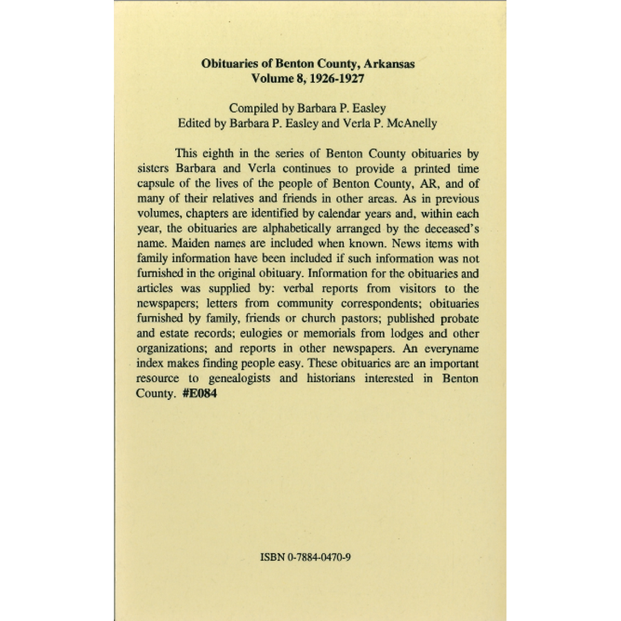 Obituaries of Benton County, Arkansas, Volume 8, 1926-1927 back cover