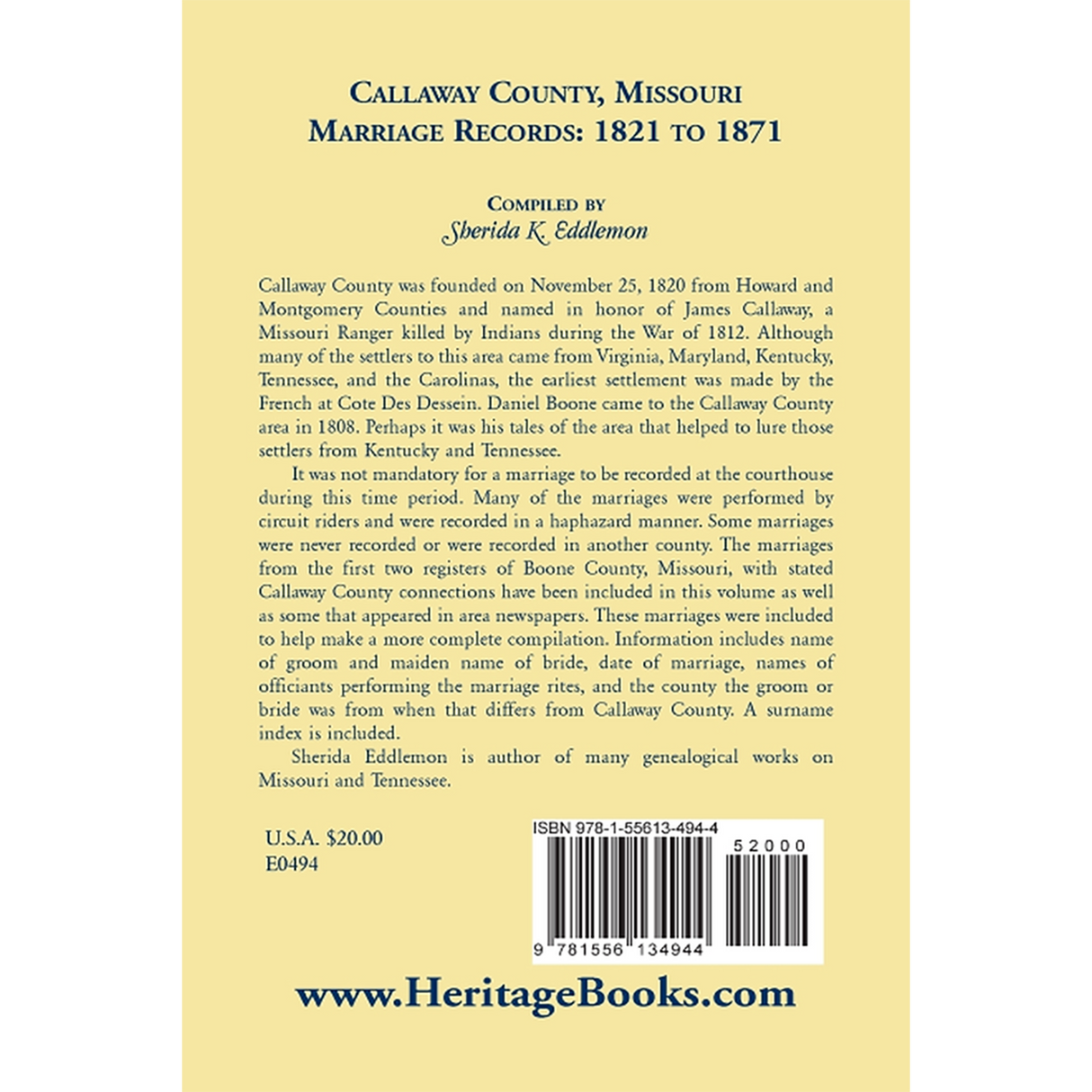 Callaway County, Missouri, Marriage Records 1821 to 1871 back cover