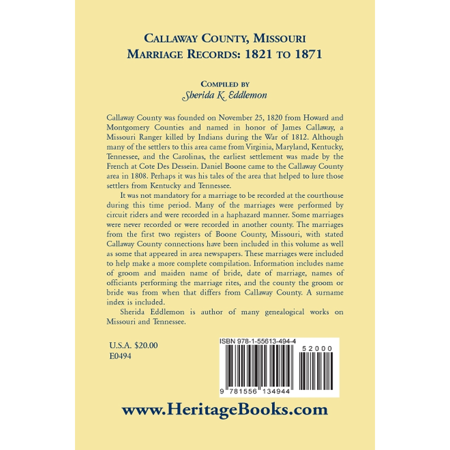 Callaway County, Missouri, Marriage Records 1821 to 1871 back cover