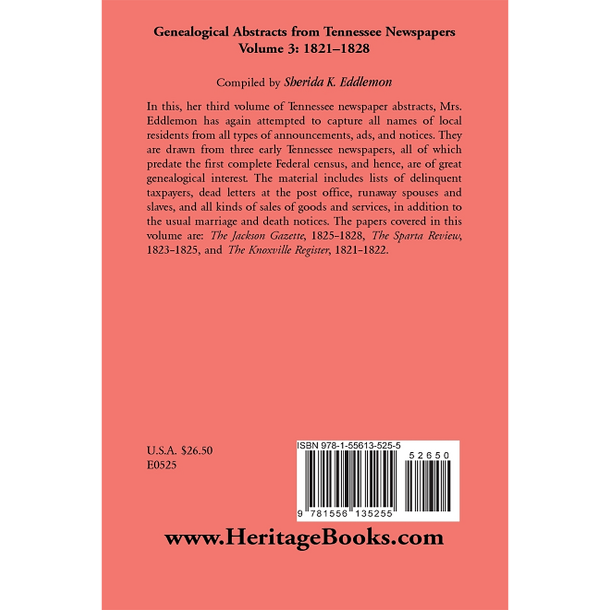 Genealogical Abstracts From Tennessee Newspapers 1821-1828 back cover
