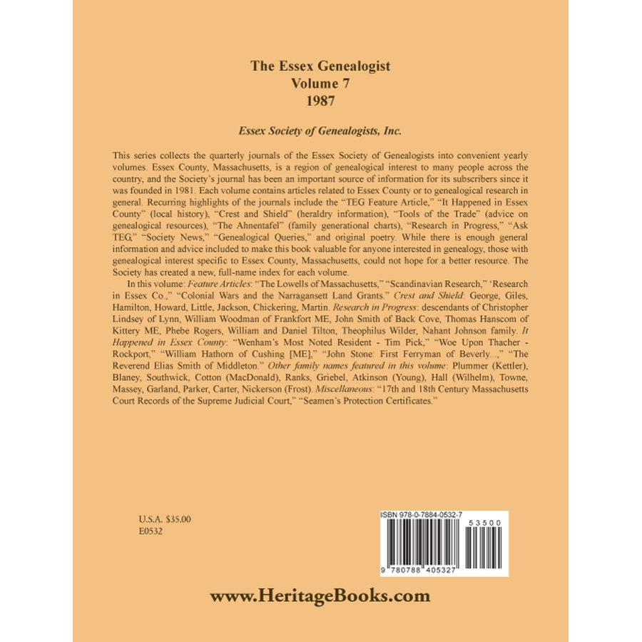 back cover of The Essex Genealogist, Volume 7, 1987