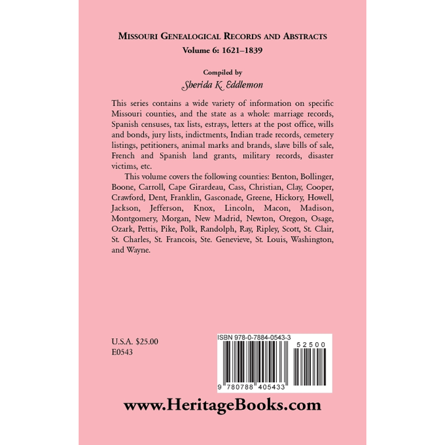 back cover of Missouri Genealogical Records and Abstracts, Volume 6: 1621-1839