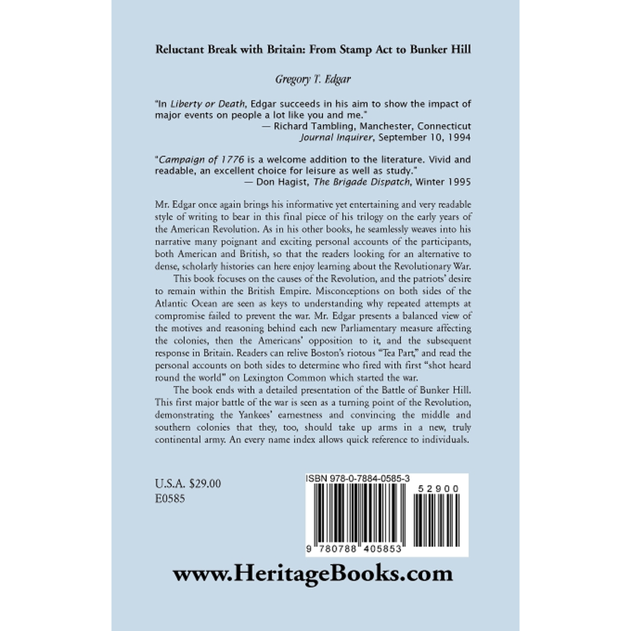 Reluctant Break with Britain: From Stamp Act to Bunker Hill back cover