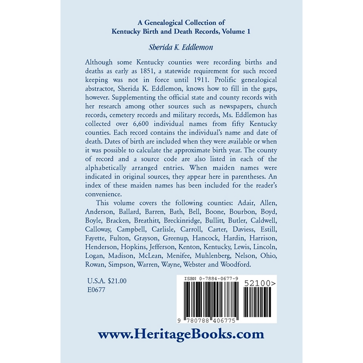 A Genealogical Collection of Kentucky Birth and Death Records, Volume 1 back cover