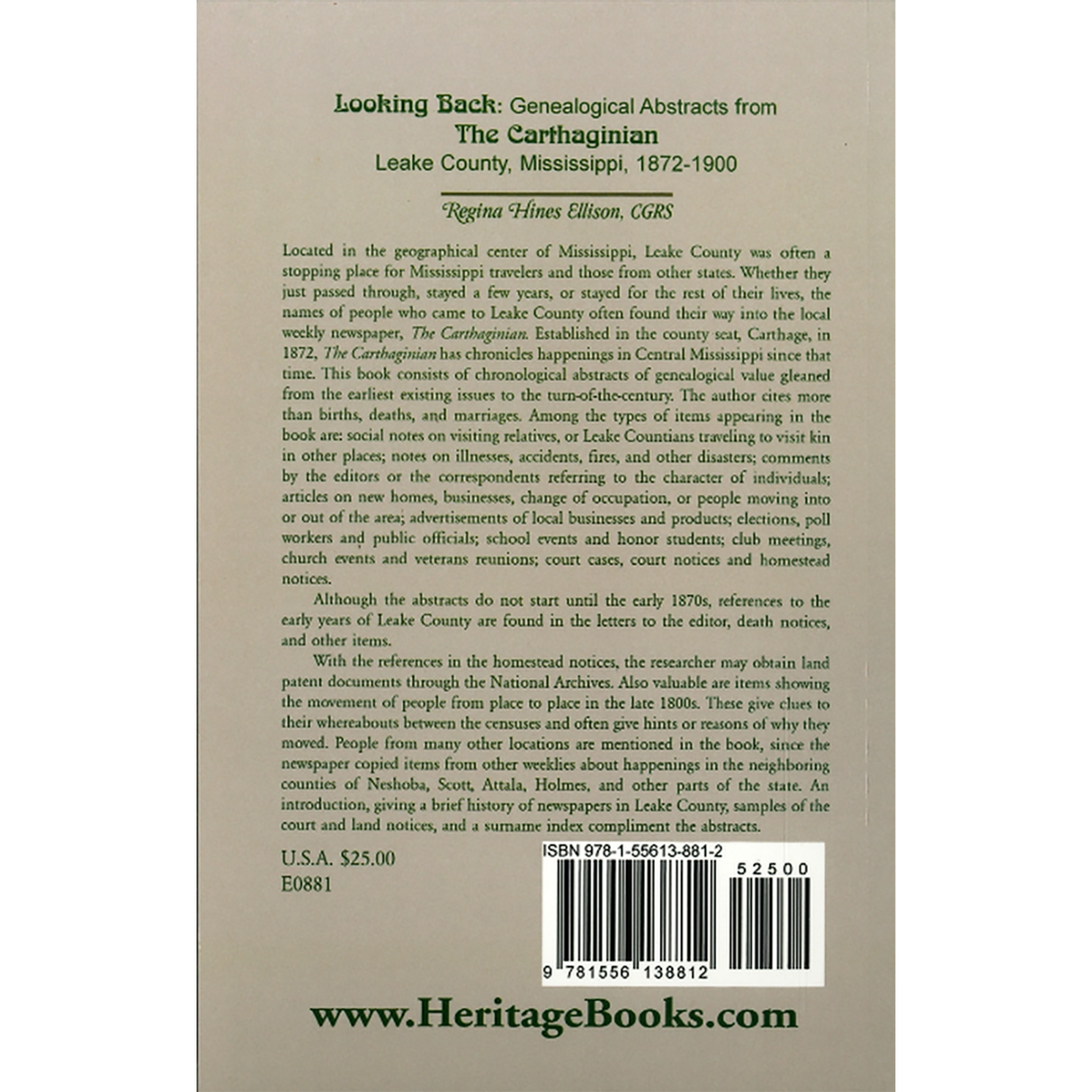 Looking Back: Genealogical Abstracts from "The Carthaginian", Leake County, Mississippi, 1872-1900 back cover
