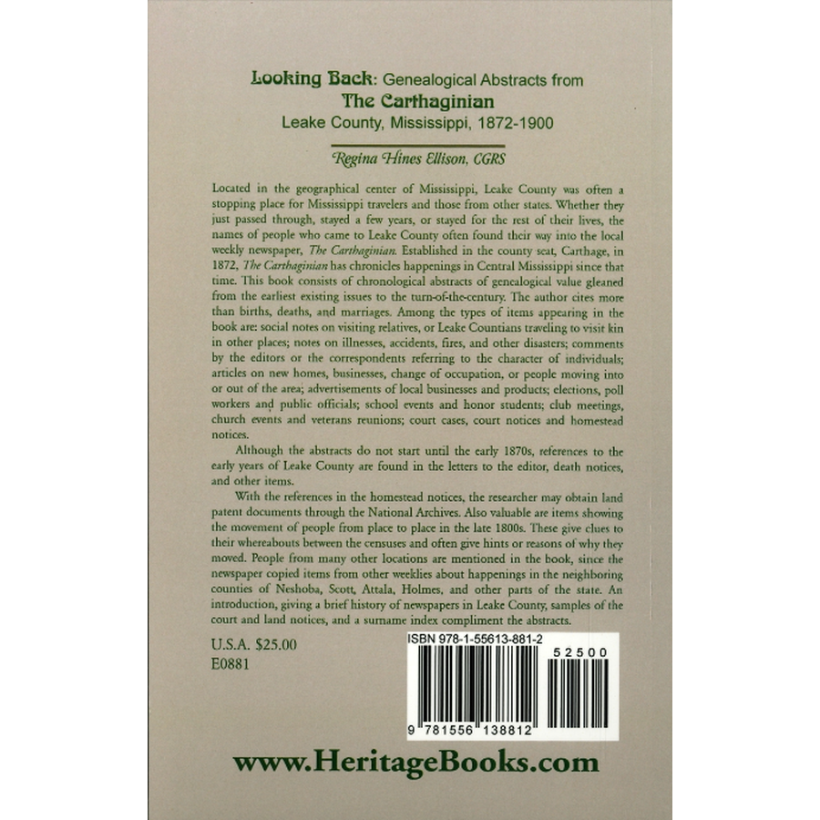 Looking Back: Genealogical Abstracts from "The Carthaginian", Leake County, Mississippi, 1872-1900 back cover