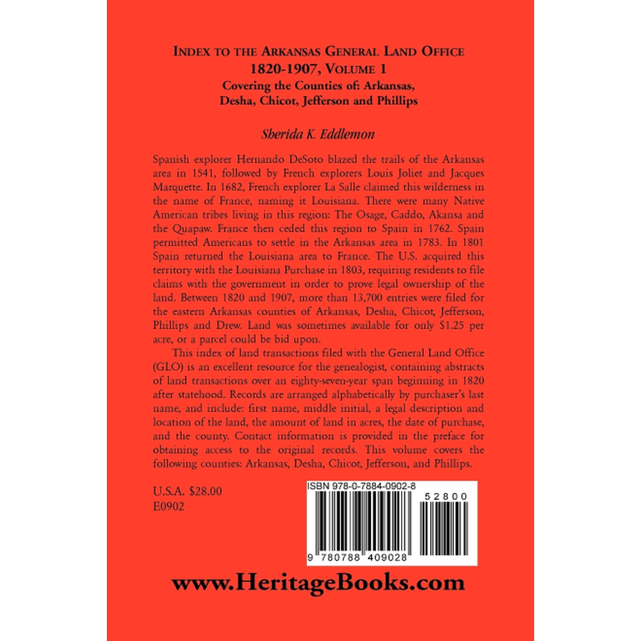 back cover of Index to the Arkansas General Land Office 1820-1907, Volume 1: Covering the Counties of Arkansas, Desha, Chicot, Jefferson and Phillips