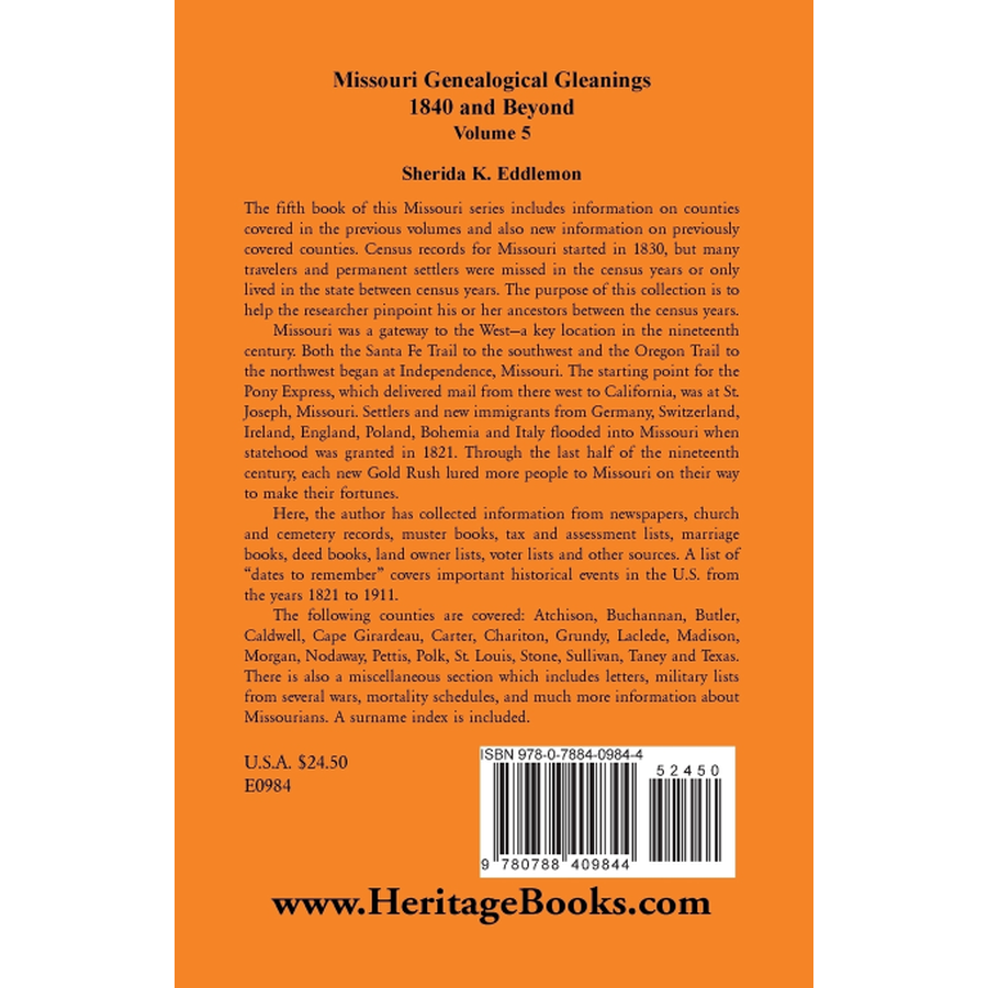 back cover of Missouri Genealogical Gleanings 1840 and Beyond, Volume 5