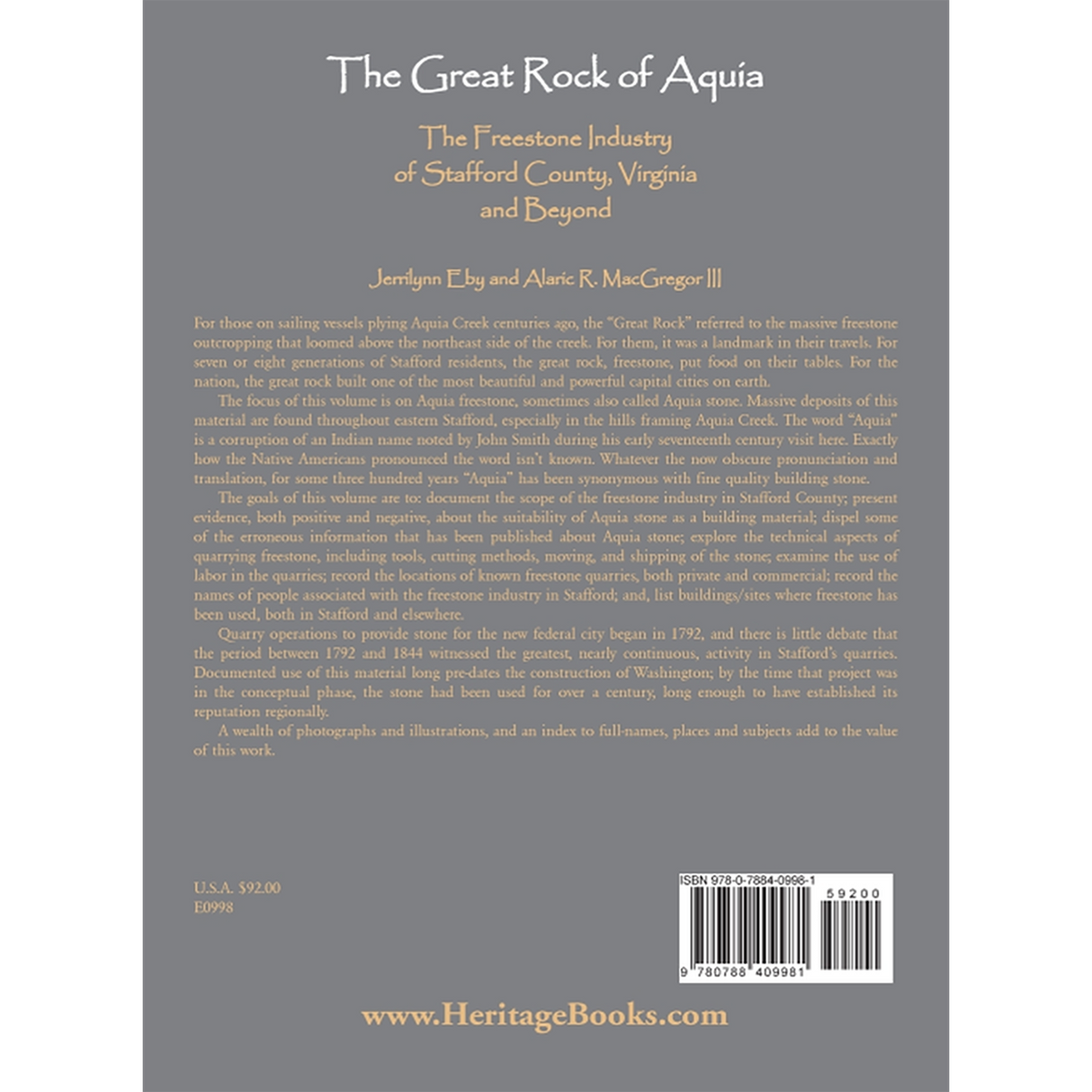 The Great Rock of Aquia: The Freestone Industry of Stafford County, Virginia and Beyond [cloth] back cover