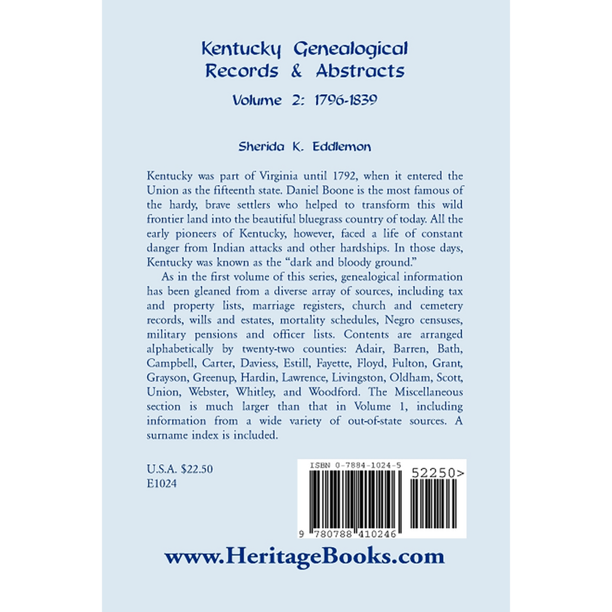 Kentucky Genealogical Records and Abstracts, Volume 2: 1796-1839 back cover