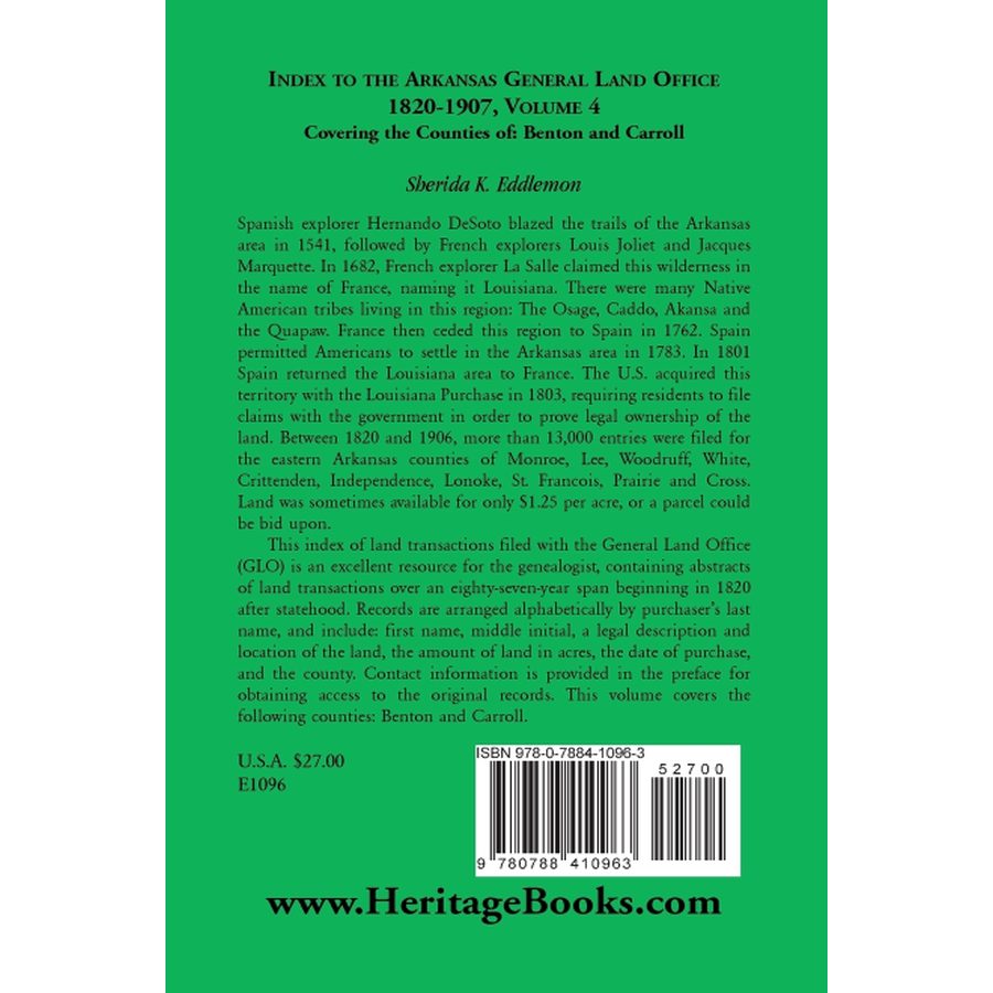 back cover of Index to the Arkansas General Land Office 1820-1907, Volume 4: Covering the Counties of Benton and Carroll