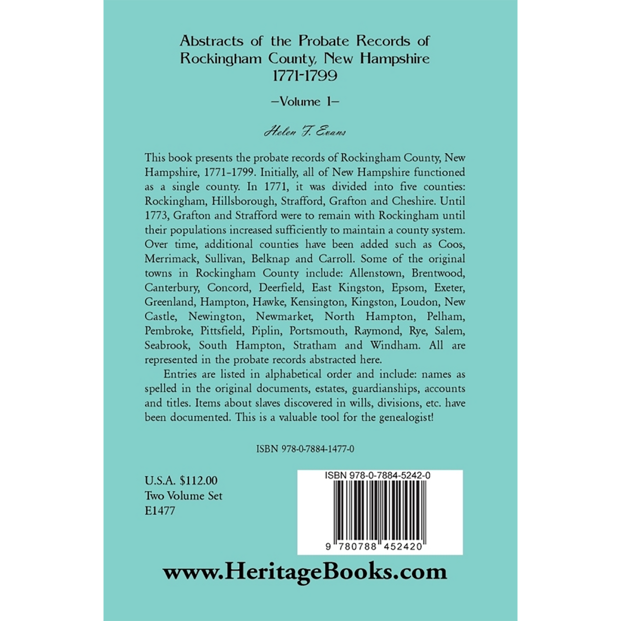 Abstracts of the Probate Records of Rockingham County [New Hampshire] volume 1 back cover