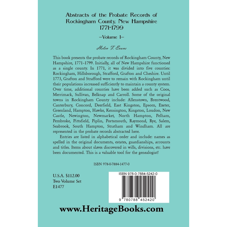 back cover of Abstracts of the Probate Records of Rockingham County [New Hampshire] volume 1