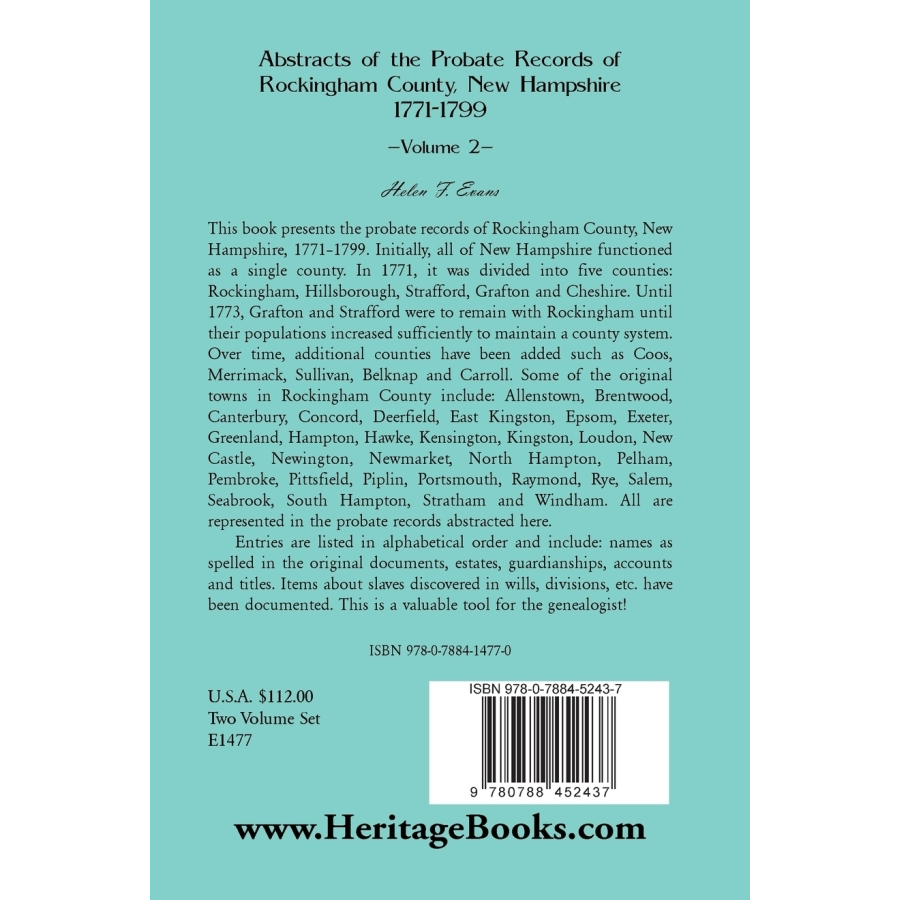 back cover of Abstracts of the Probate Records of Rockingham County [New Hampshire] volume 2