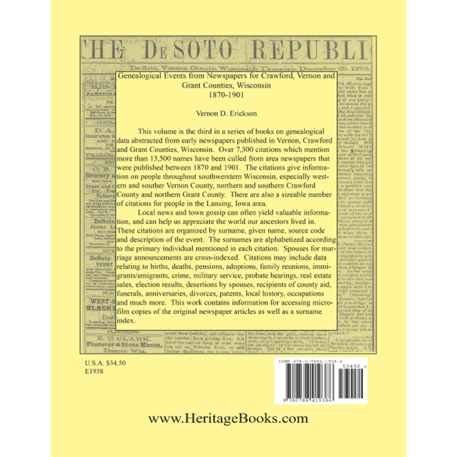 Genealogical Events from Newspapers for Crawford, Vernon and Grant Counties, Wisconsin, 1870-1901 back cover