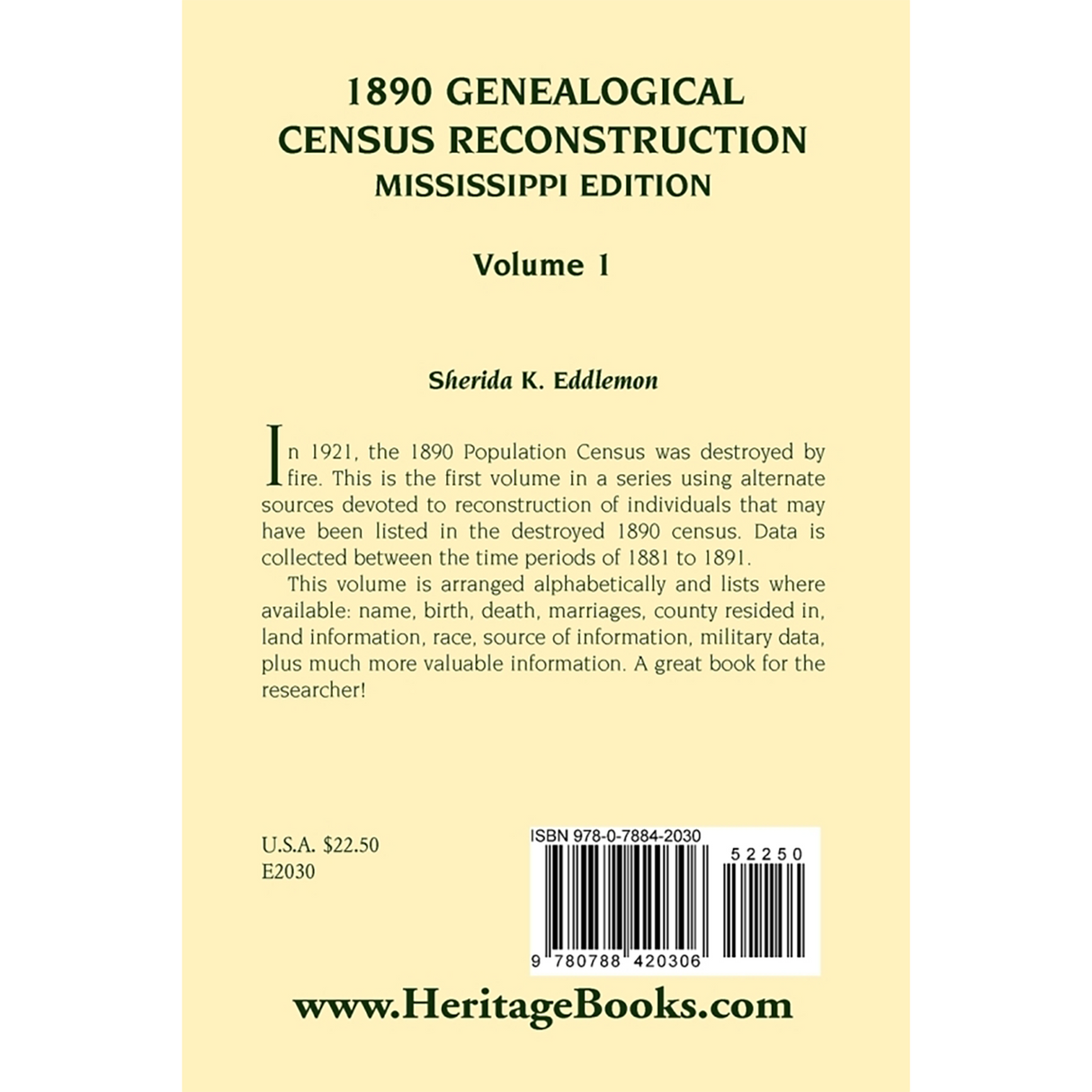 1890 Genealogical Census Reconstruction, Mississippi, Volume 1 back cover