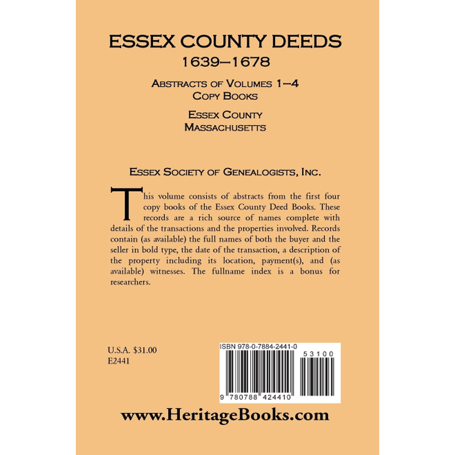 back cover of Essex County Deeds 1639-1678, Abstracts of Volumes 1-4, Copy Books, Essex County, Massachusetts