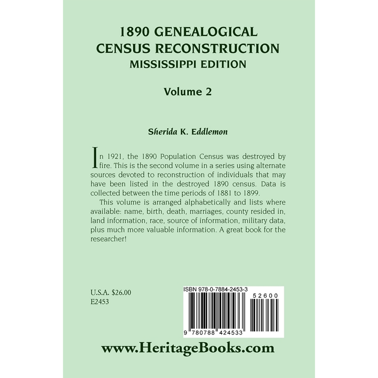 1890 Genealogical Census Reconstruction, Mississippi, Volume 2 back cover