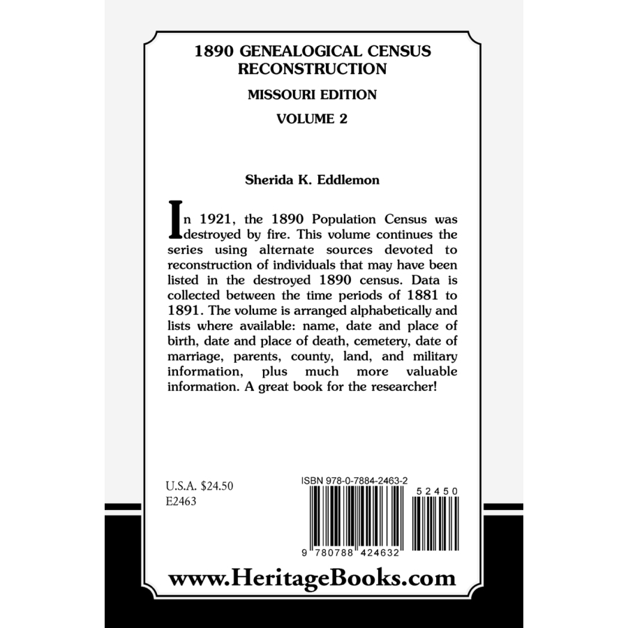 back cover of 1890 Genealogical Census Reconstructio, Missouri, Volume 2