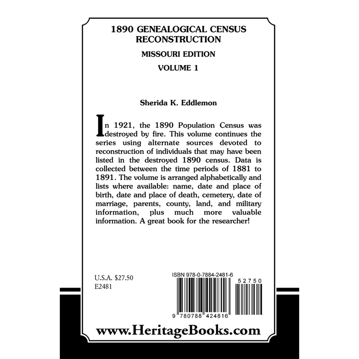 1890 Genealogical Census Reconstruction, Missouri, Volume 1 back cover