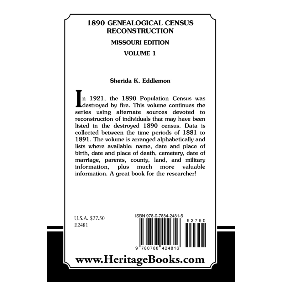 back cover of 1890 Genealogical Census Reconstruction, Missouri, Volume 1
