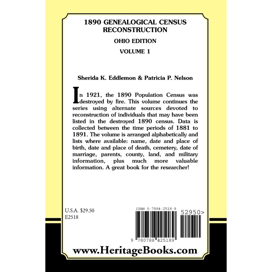 back cover of 1890 Genealogical Census Reconstruction, Ohio Edition, Volume 1