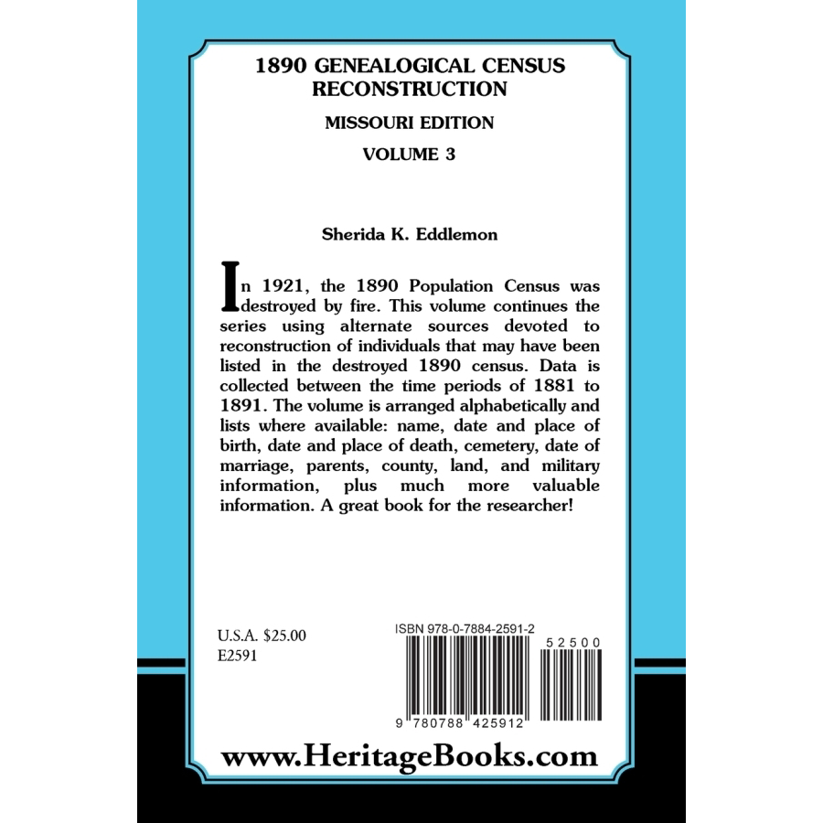 back cover of 1890 Genealogical Census Reconstruction, Missouri, Volume 3