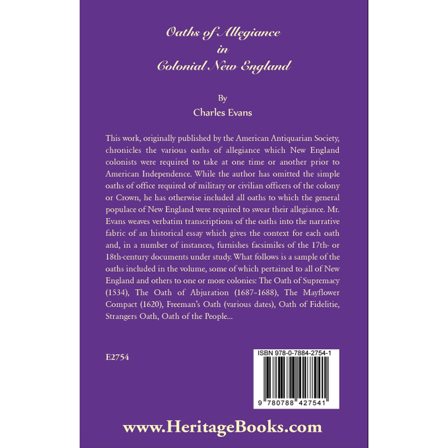 Oaths of Allegiance in Colonial New England back cover