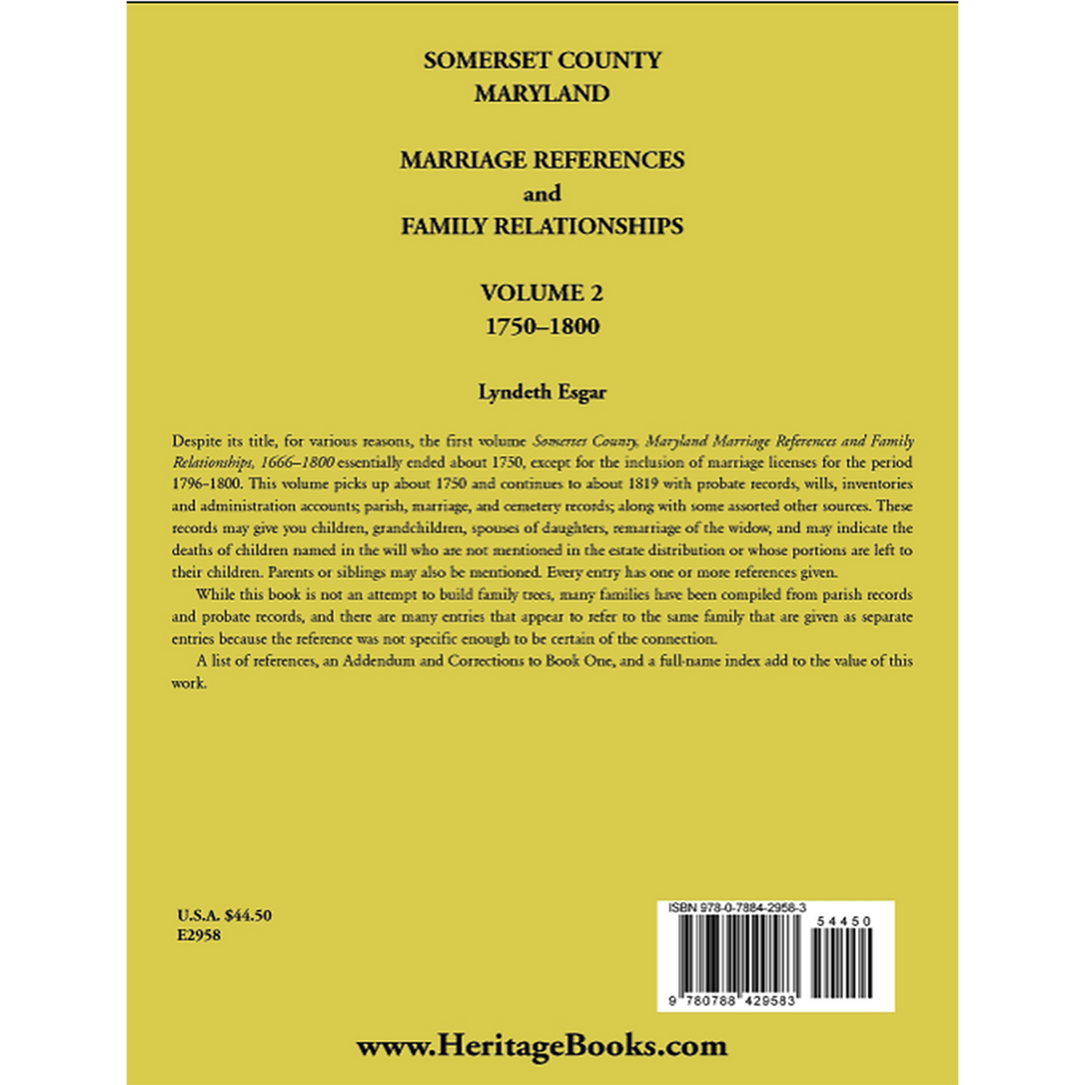 Somerset County, Maryland Marriage References and Family Relationships, Volume 2, 1750-1800 back cover