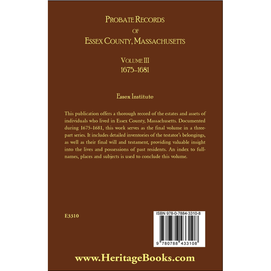 Probate Records of Essex County Massachusetts, Volume 3, 1675-1681 back cover