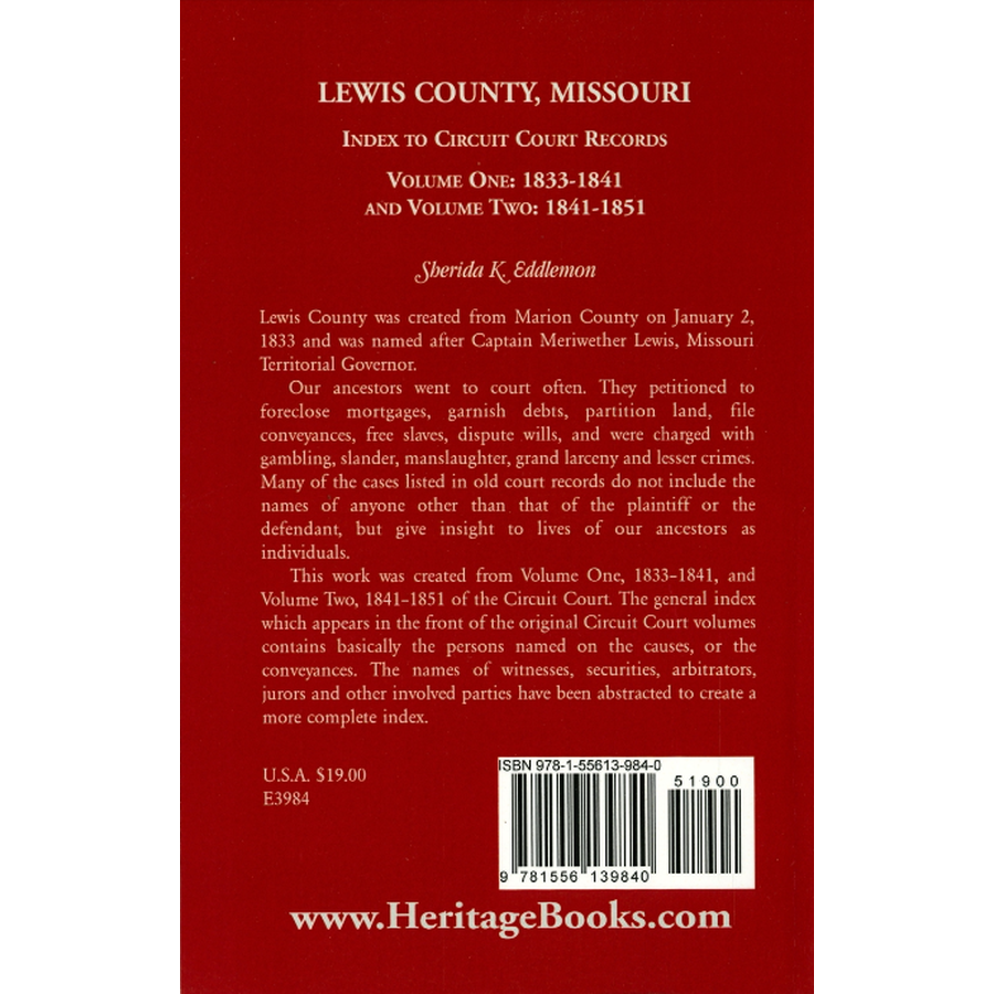Lewis County, Missouri Index to Circuit Court Records, Volume 1 and 2 back cover