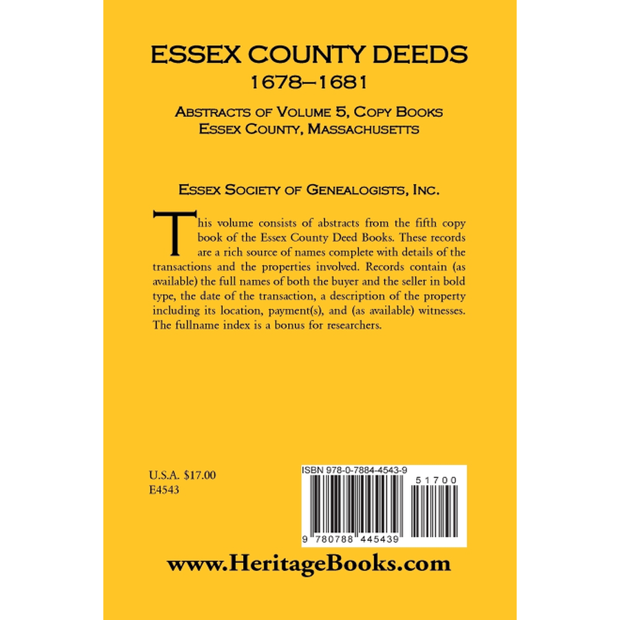 back cover of Essex County Deeds, 1678-1681, Abstracts of Volume 5, Copy Books, Essex County, Massachusetts