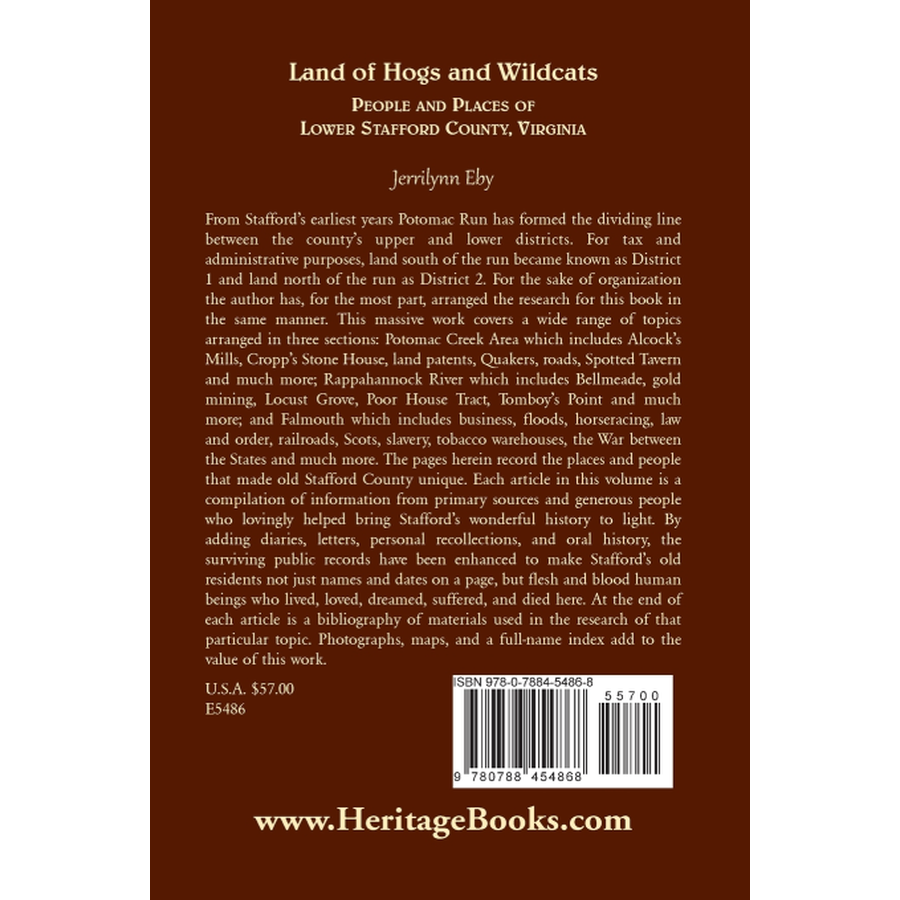 back cover of Land of Hogs and Wildcats: People and Places of Lower Stafford County, Virginia