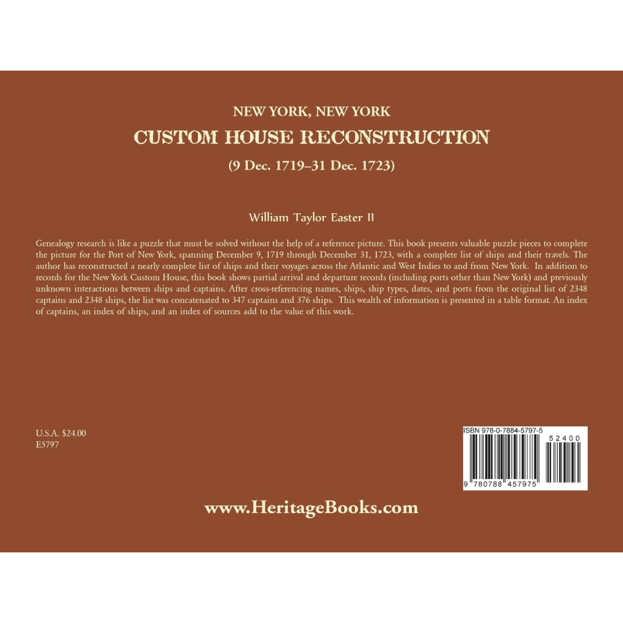 New York, New York Custom House Reconstruction, 9 Dec 1719-31 Dec 1723 back cover