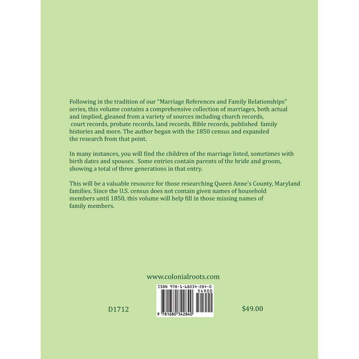 Families of Queen Anne's County, Maryland, 1800-1850 back cover