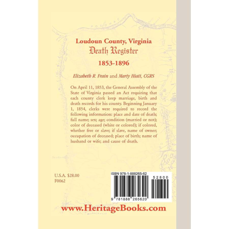 Loudoun County, Virginia Death Register 1853-1896 back cover