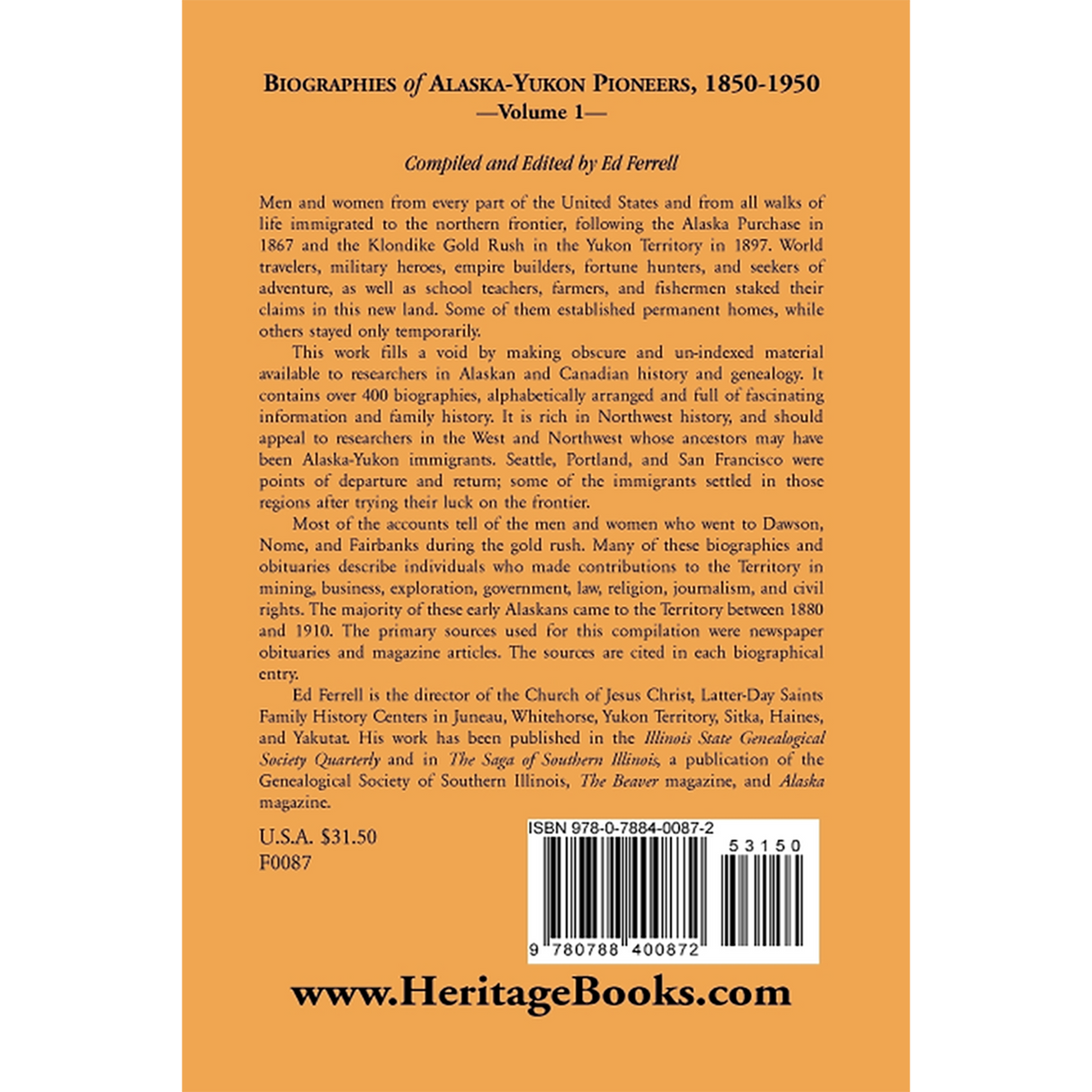 Biographies of Alaska-Yukon Pioneers 1850-1950, Volume 1 back cover
