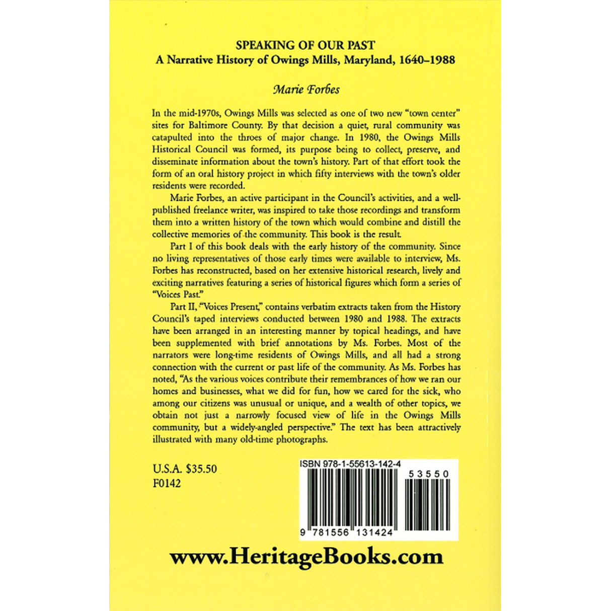 Speaking of Our Past: A Narrative History of Owings Mills, Maryland back cover