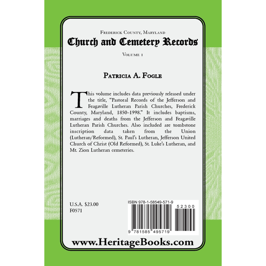 back cover of Frederick County, Maryland Church and Cemetery Records, Volume 1
