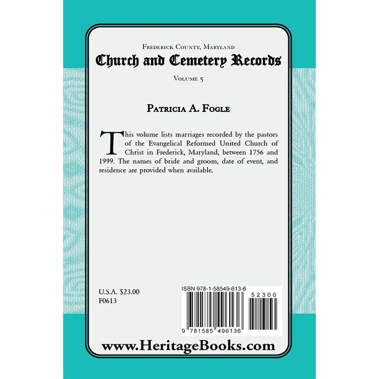 Frederick County, Maryland Church and Cemetery Records, Volume 5 back cover