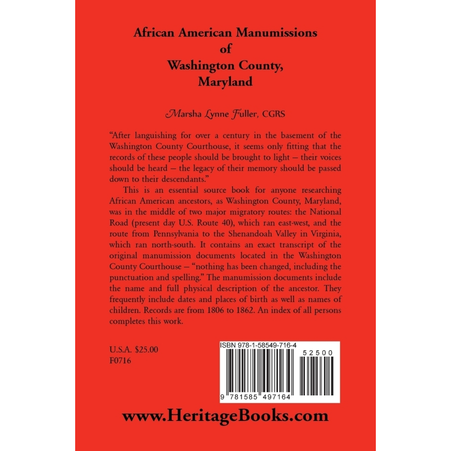 African American Manumissions of Washington County, Maryland back cover