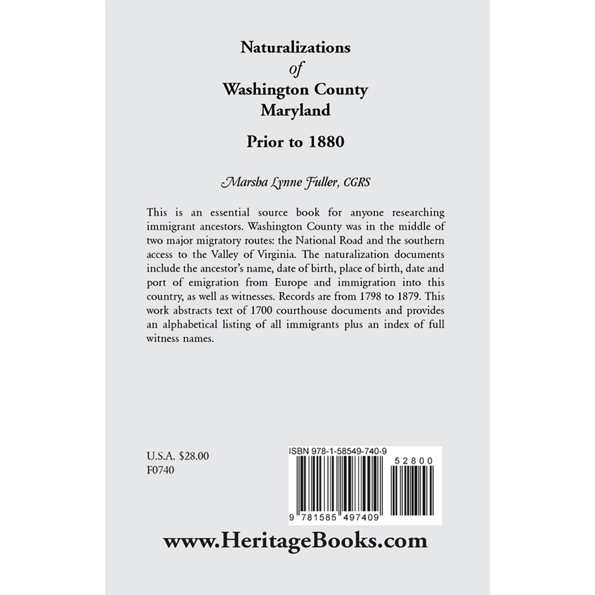 Naturalizations of Washington County, Maryland Prior to 1880 back cover