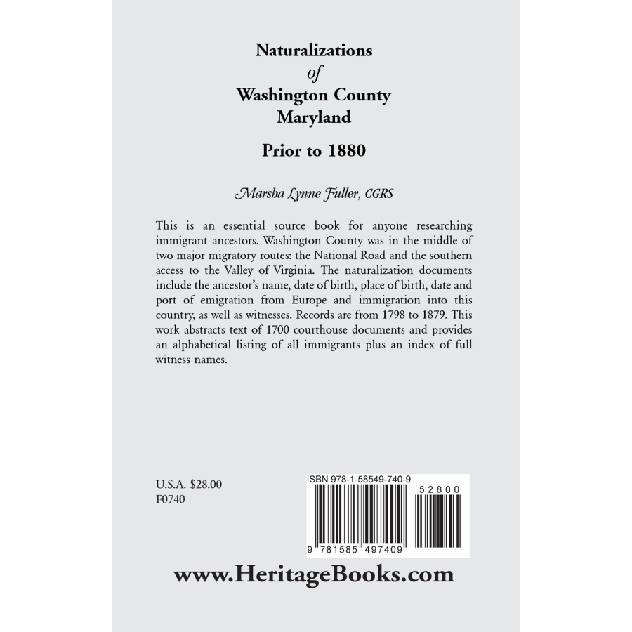Naturalizations of Washington County, Maryland Prior to 1880 back cover